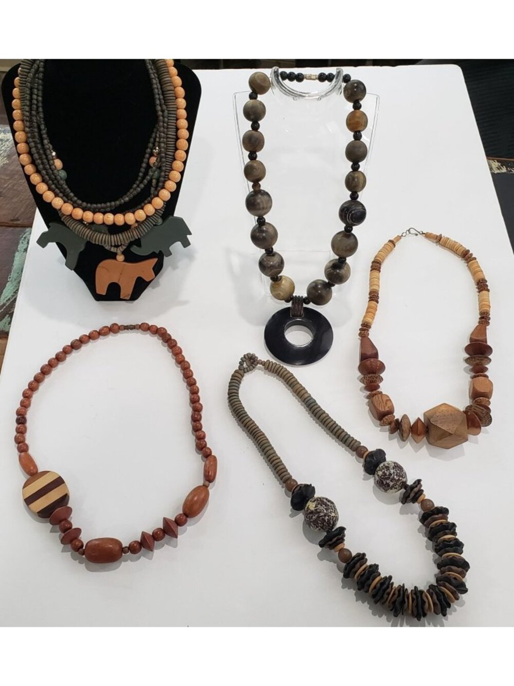 Five 5 Handmade Beaded Wooden Necklaces Animal Inspired Designs Multicolor State